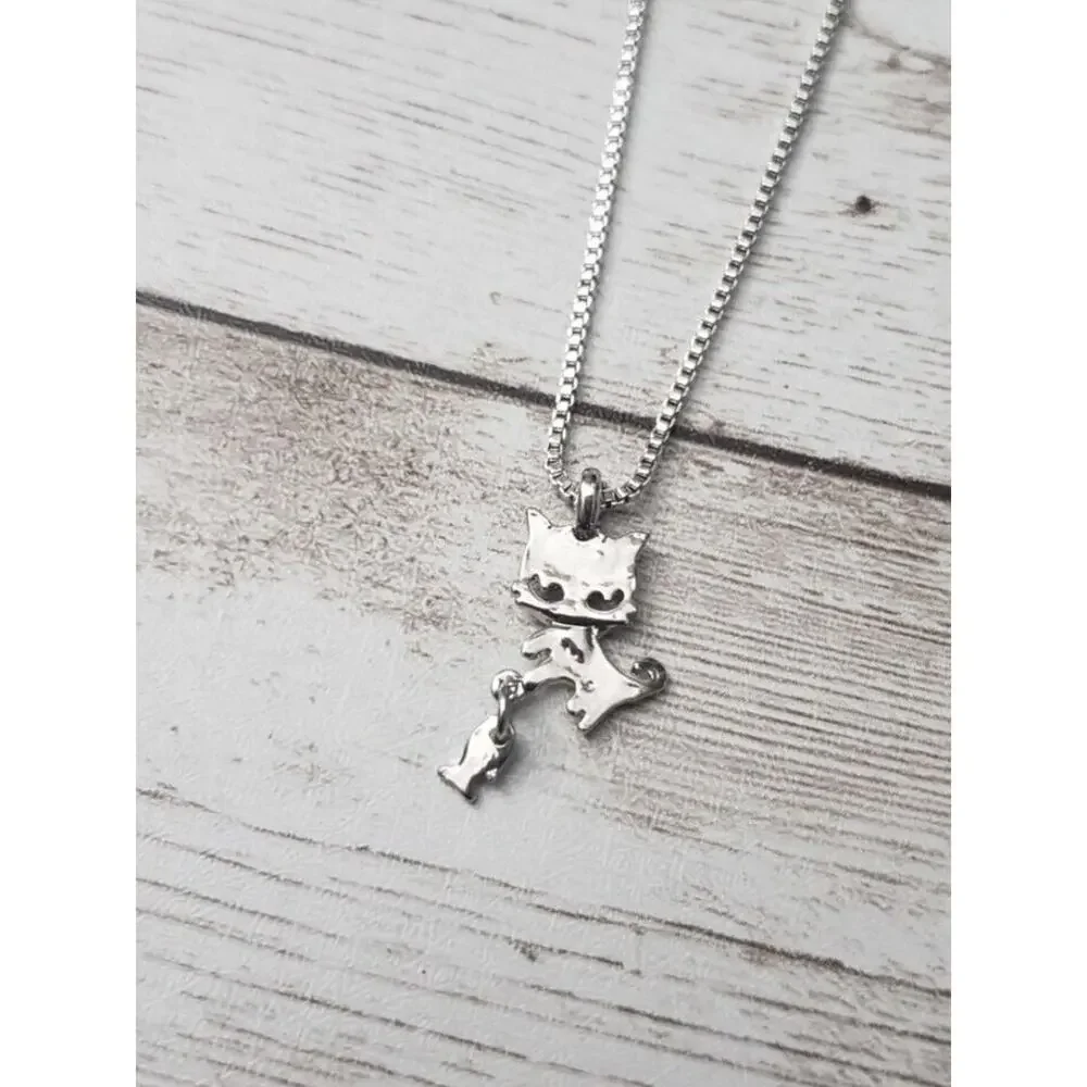 Silver Tone Cat with Fish Pendant Necklace - Whimsical